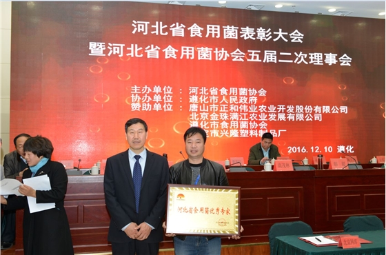 河北省食用菌協(xié)會(huì)會(huì)長孫利英（左）為張東平頒發(fā)“河北省食用菌優(yōu)秀專家”榮譽(yù)牌匾.JPG（截屏）.JPG